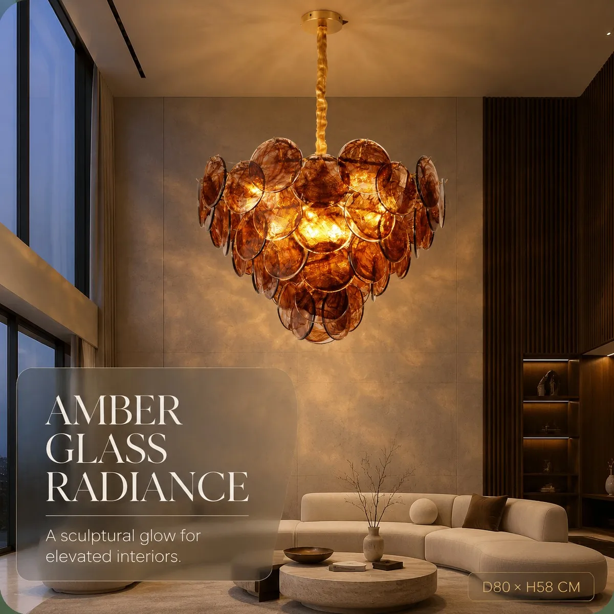 Vintage Italian 2026 New Chandelier Amber Glass Plates Tapered Design 3-Color Dimmable Cognac Gold Frame for Dining Room