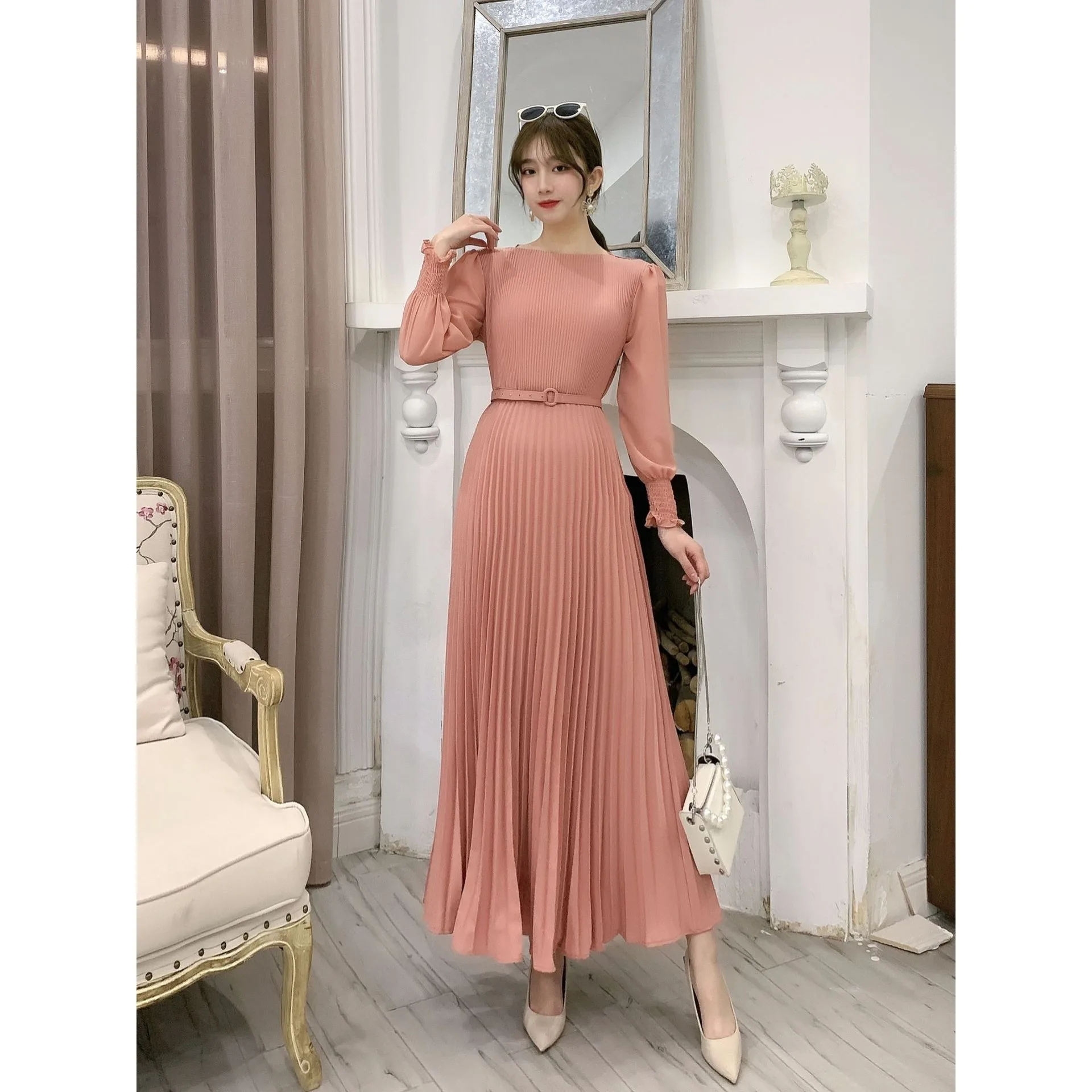 

Spring New Fresh Sweet Pleated Waist Wrap Shows Thin Temperament Light Mature Women's French Round Neck Pleated Long Dress