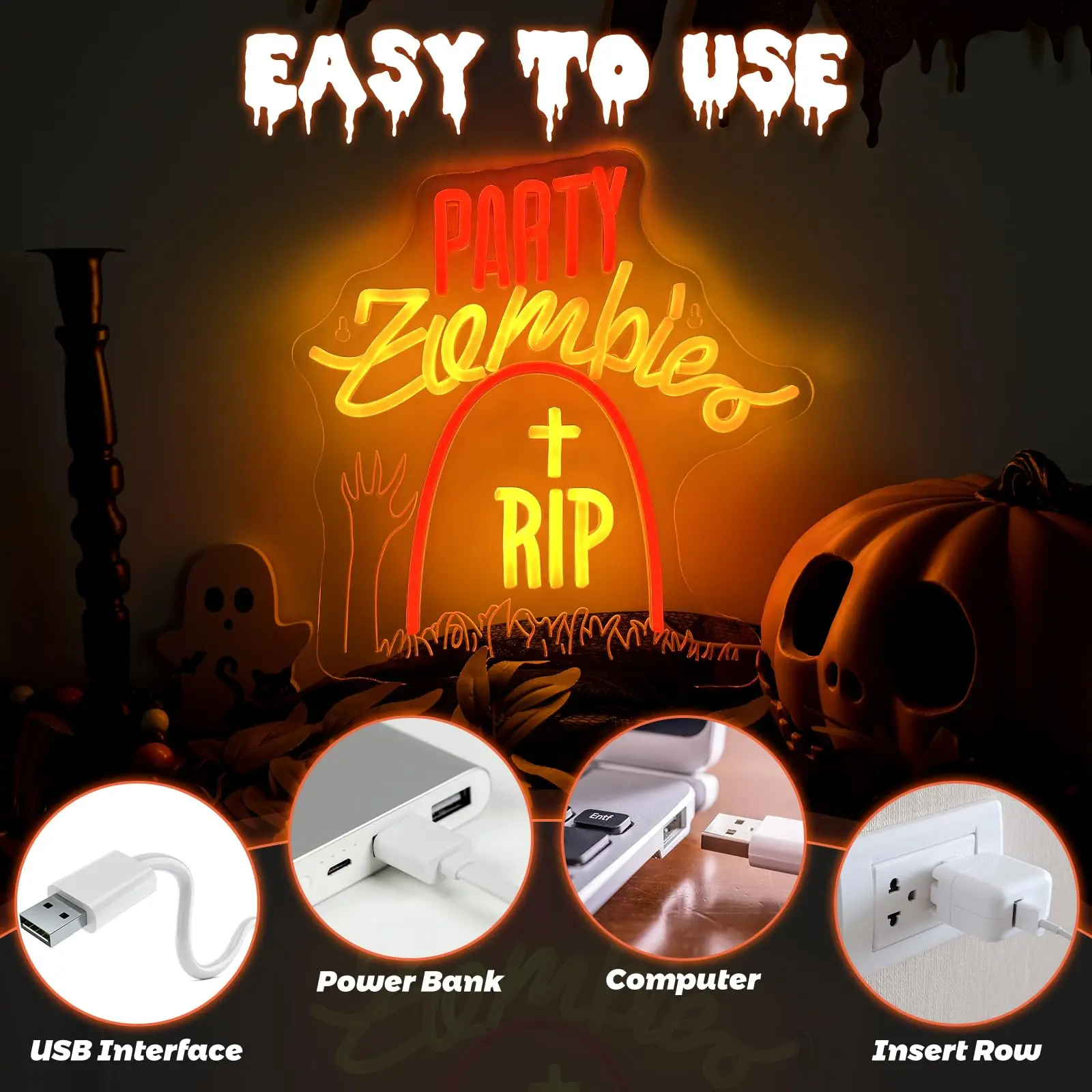 Zombie Tombstone LED Neon Sign for Wall Decor Halloween Party Lights Hanging for Room Decor Windows Doors Adjustable Brightness