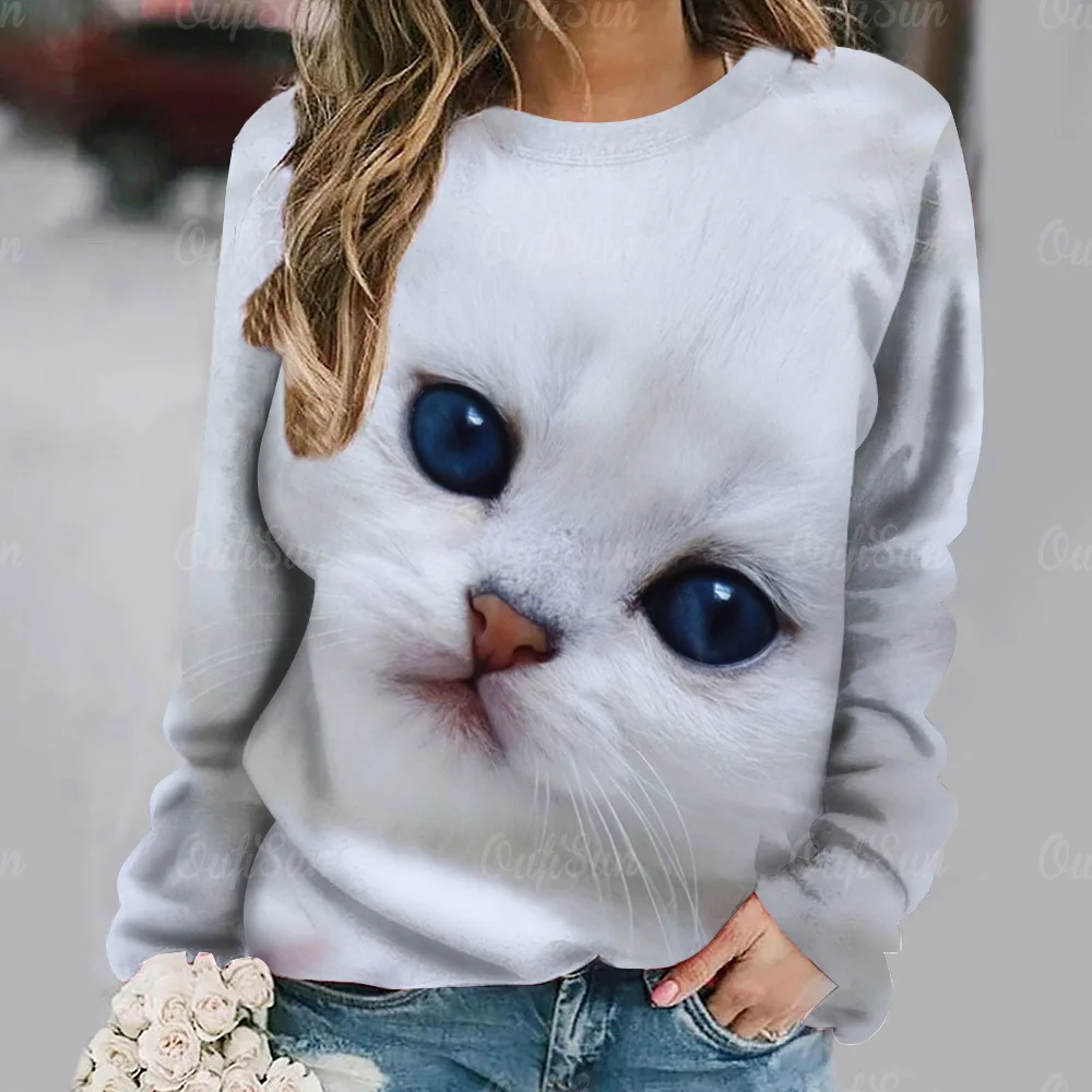 Cat Print maniche lunghe Tees Pullover Casual allentato Street abbigliamento femminile divertente carino top autunno/inverno cotone t-shirt da donna