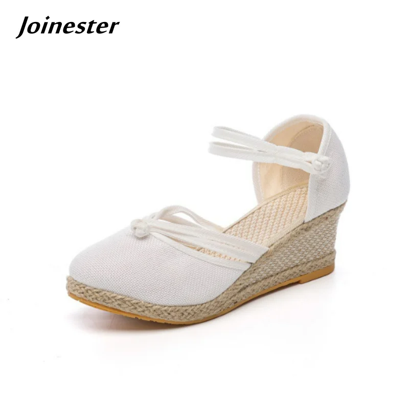

Women's Mid-Heel Wedge Sandals Pure Color Breathable Linen Ankle Strap Summer Footwear Closed Round Toe Shoe for Ladies