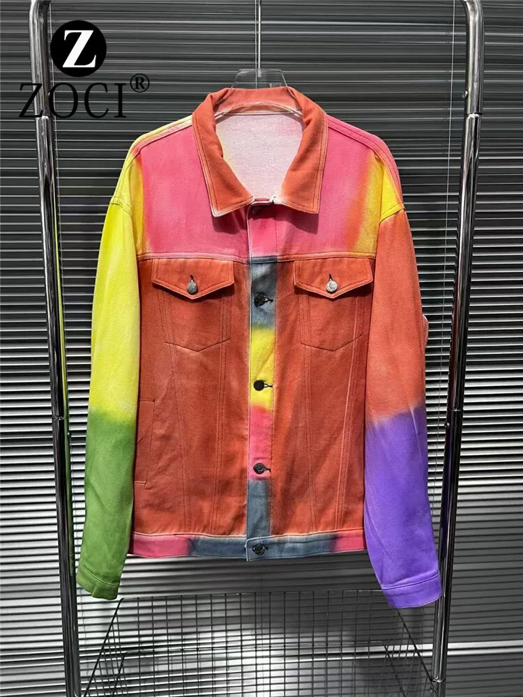 [ZOCI] 2024 Autumn New American Casual Spray Color Rainbow Denim Jacket For Both Men And Women, Niche Trend Brand Lapel Jacket