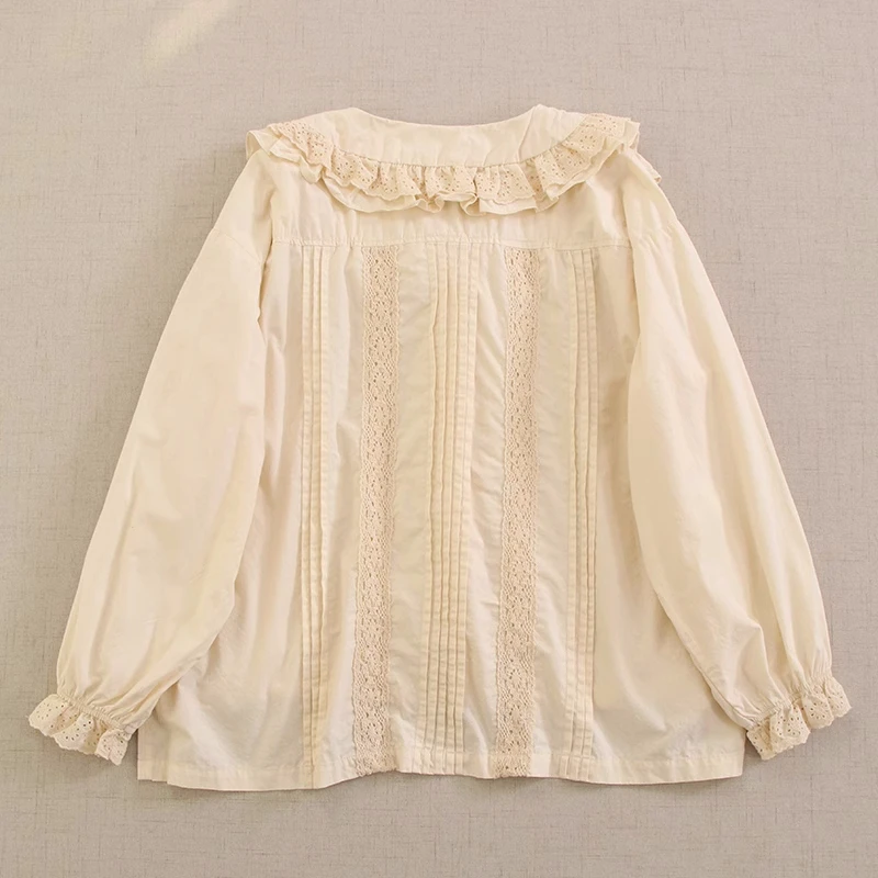 Female Vintage Cotton Ruffled Pleated Puff Sleeve White Shirt 2024 Women Sweet Retro Chic Patchwork Lace Victorian Rococo Blouse