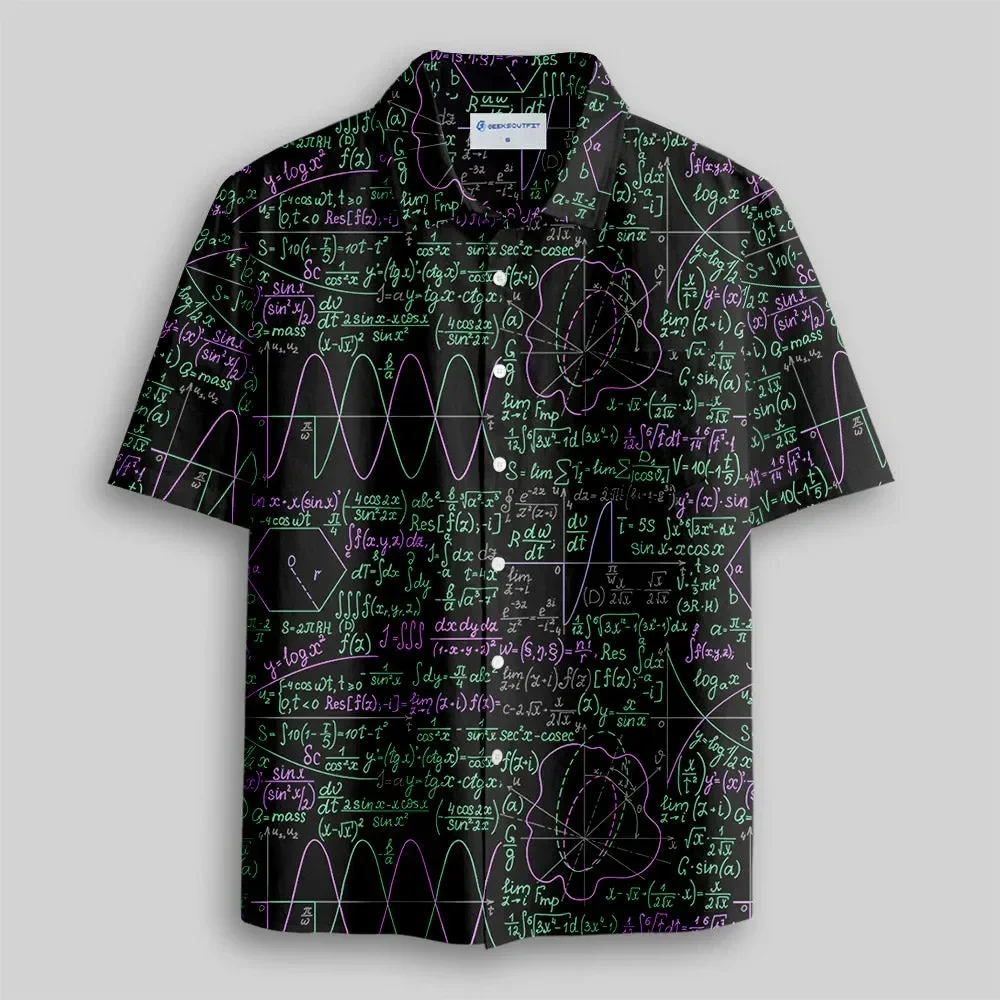 Men Polyester 3D Print Green Math Physics Formula Wave Graph Pattern Short Sleeve Lapel Button Up Casual Summer Geek Shirt
