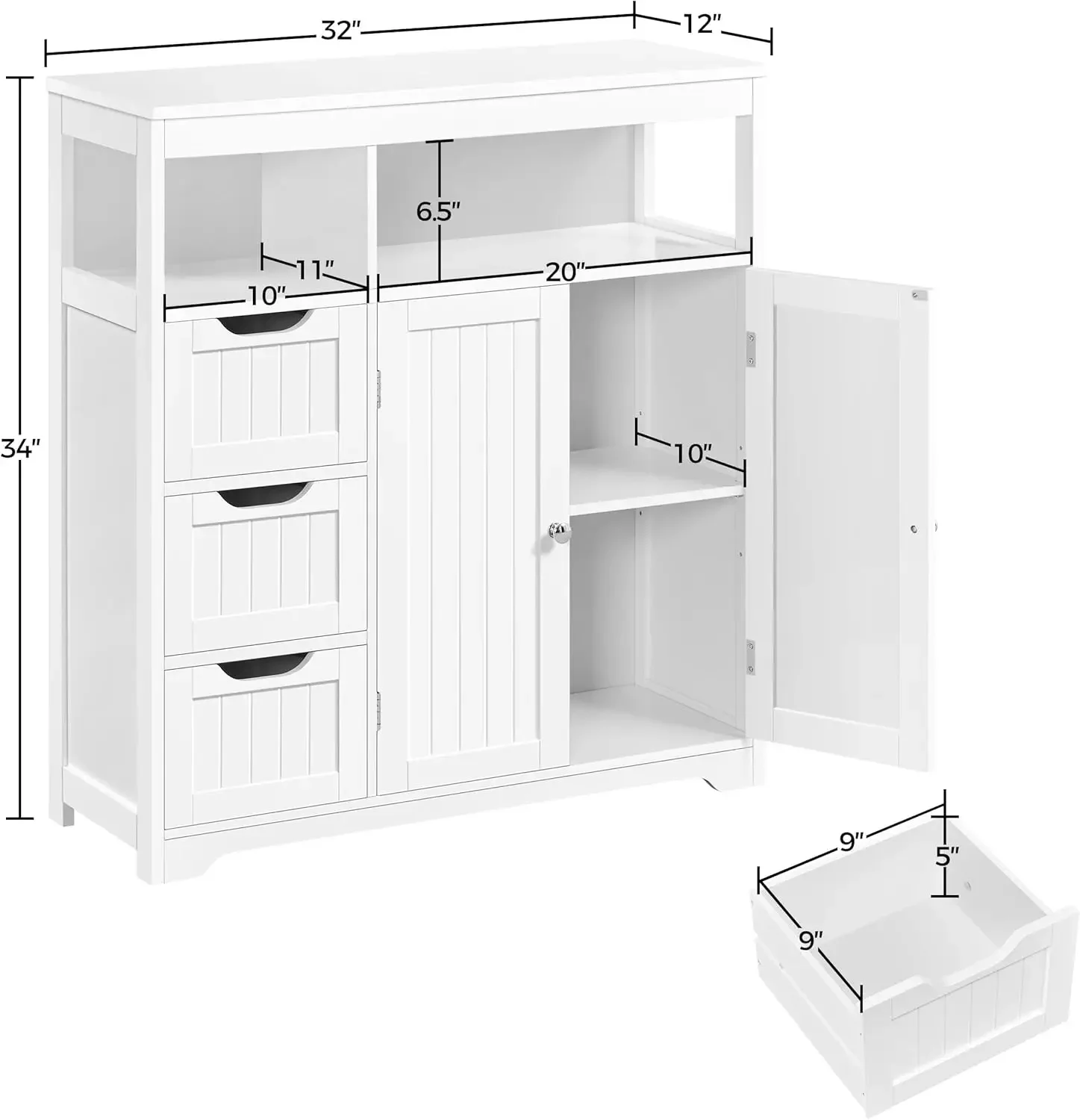 Bathroom Floor Cabinet, Wooden Storage Organizer with 3 Drawers and 2 Open Shelves, Freestanding Storage Cabinet