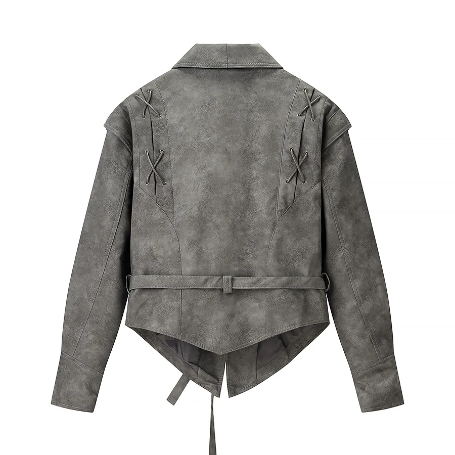 New Autumn Vintage Women Washing Gray PU Leather Jacket Lapel Collar Tie Bow Sashes One Button Full Sleeve Coat Short Outerwear