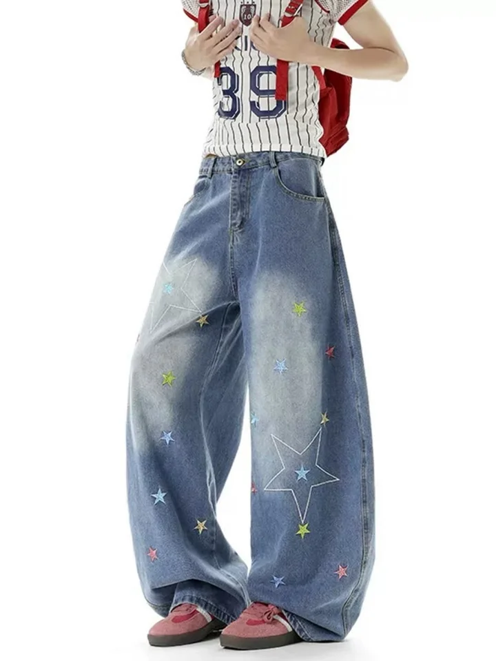 Women Blue Y2k Baggy Embroidery Star Jeans Harajuku Vintage Denim