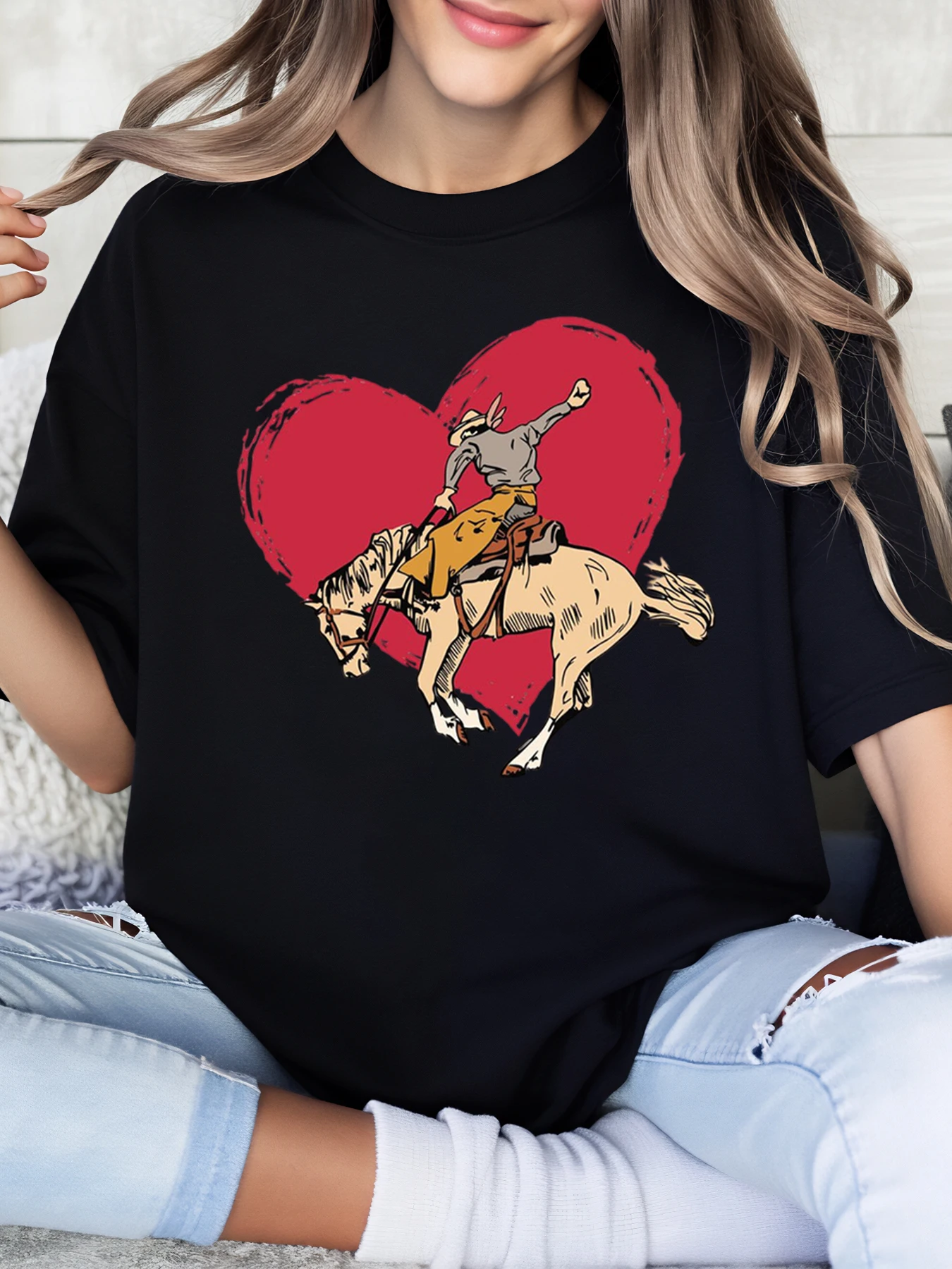 カウボーイ ライディング ホース ハート プリント バレンタインデー Tシャツ レディース カジュアルウェア ブラック プラスサイズ