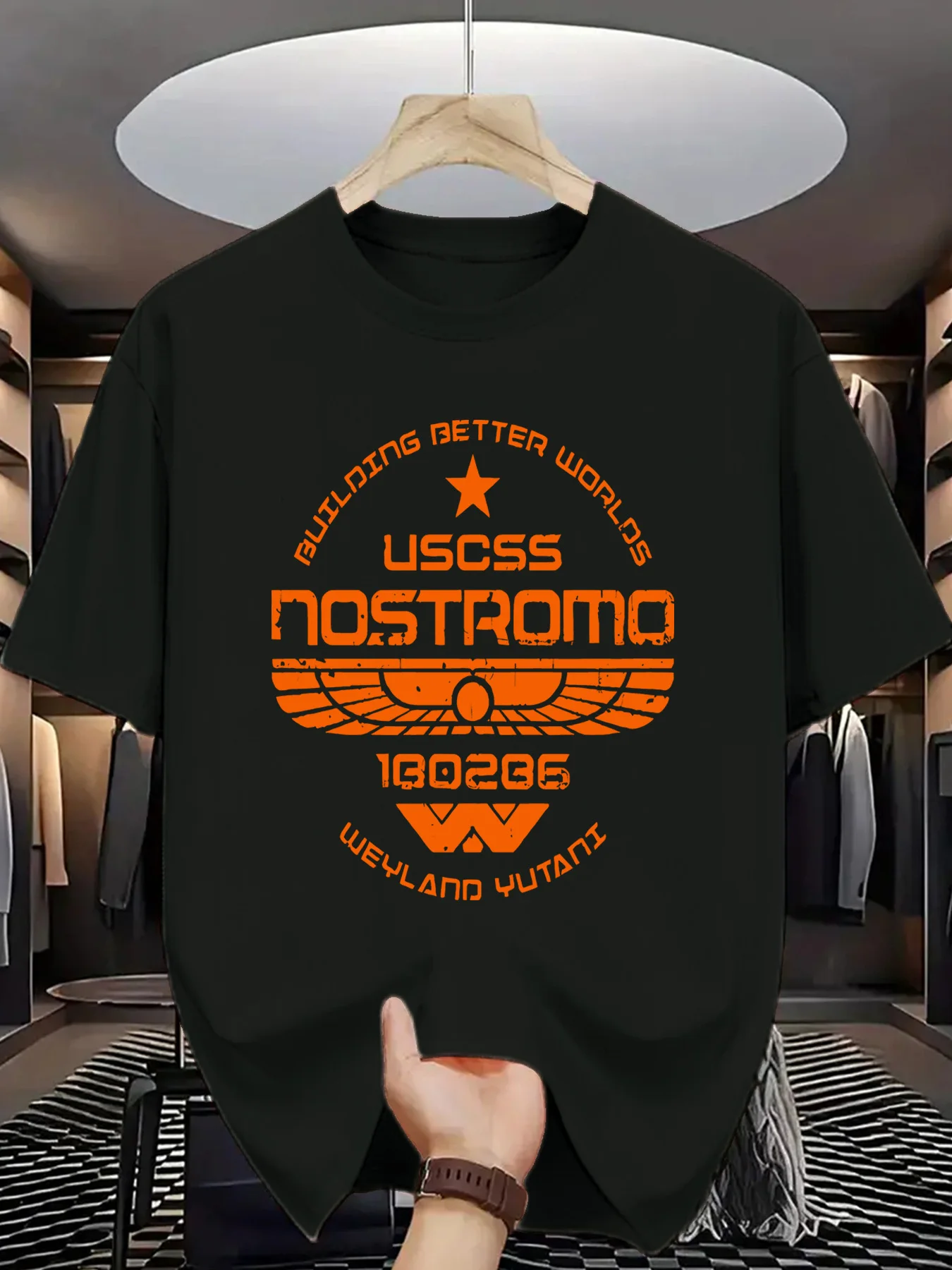 USCSS Nostromo 130286 Weilan Yutani Round Neck T-shirt, Retro Space Exploration Theme Men's Wear
