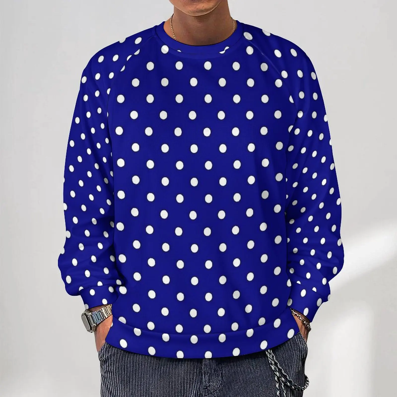 Blue Polka Dots Casual Sweatshirts Vintage Print O Neck Hoodies Winter Long Sleeve Street Style Oversize Hoodie Birthday Present