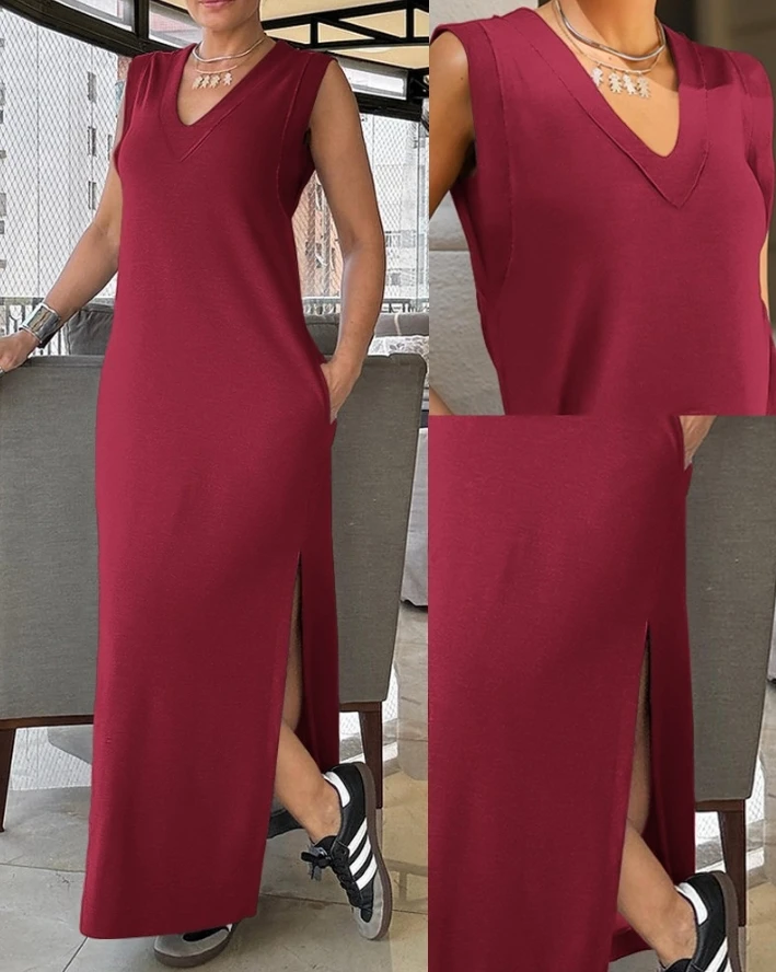 Women\'s Casual Straight Dress 2024 Temperament Solid Color V-Neck Pocket Design Loose Sleeveless Slit Midi Dress