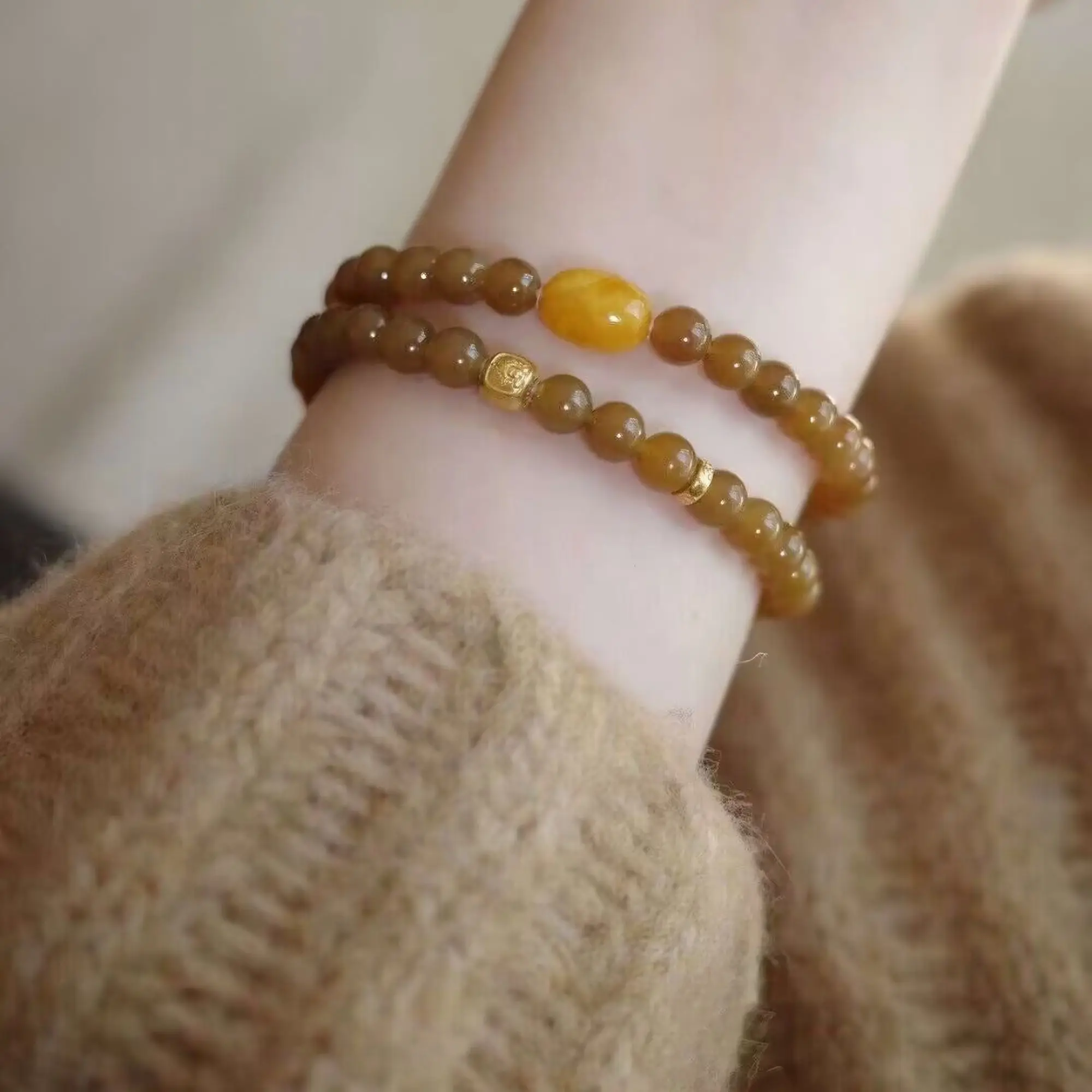 Sugar Caramel Color Natural Beads Handmade Beads Backflow Old Wax Bracelet Double Circle Stacked Bracelet for Women