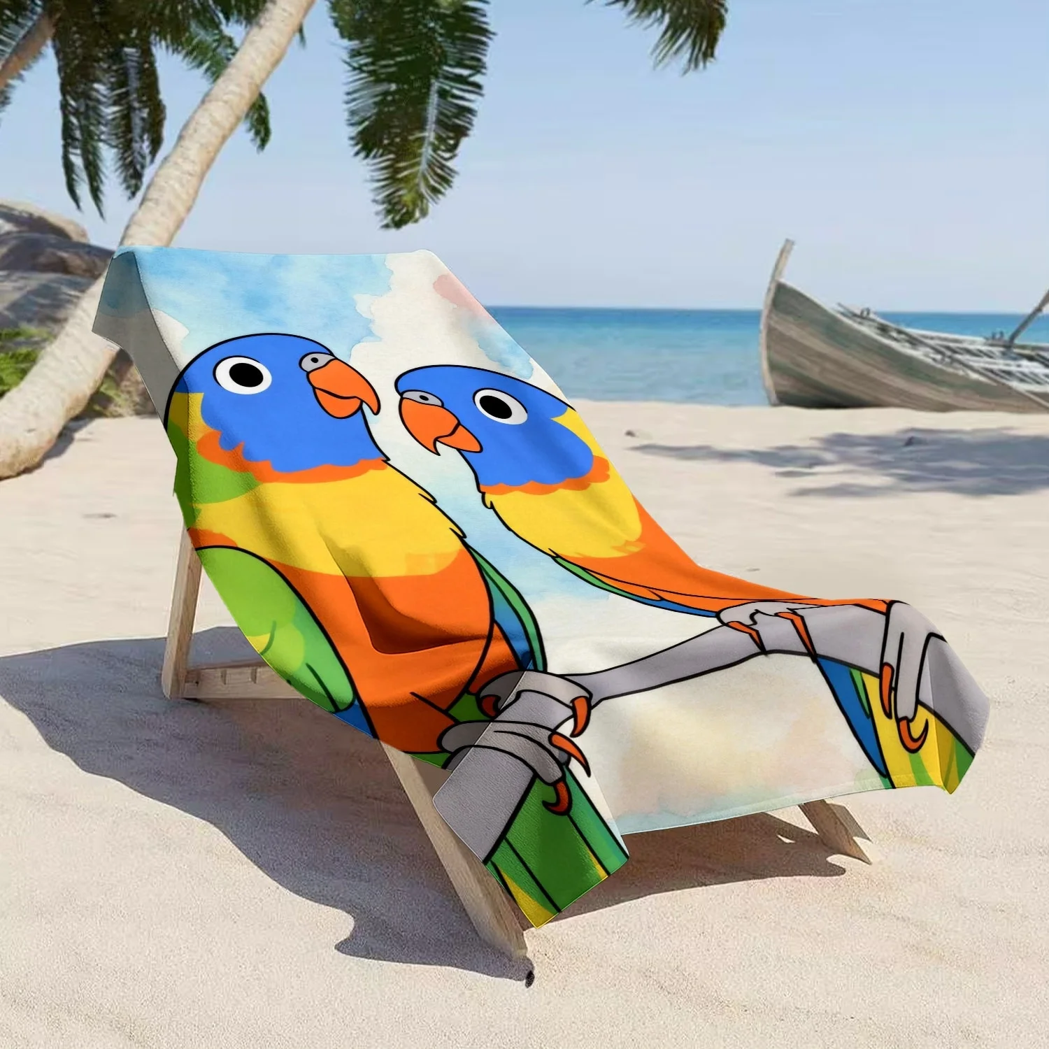 Cute Parrot Beach Towel, Adorable Cartoon Lorikeet Couple Pattern Bath Towel, Fun Kids & Adult Tropical Vacation Blanket