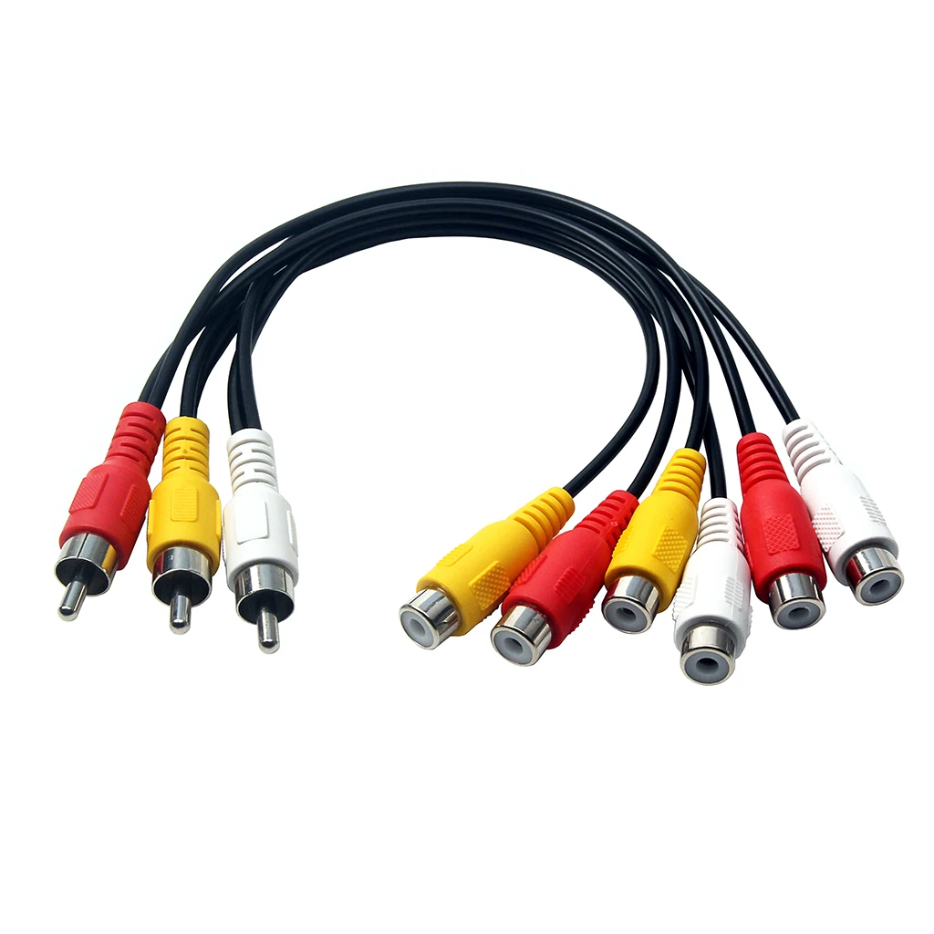 Black 25cm 3RCA Male Jack to 6RCA Female Plug Splitter Audio Video AV TV DVD Adapter Cable