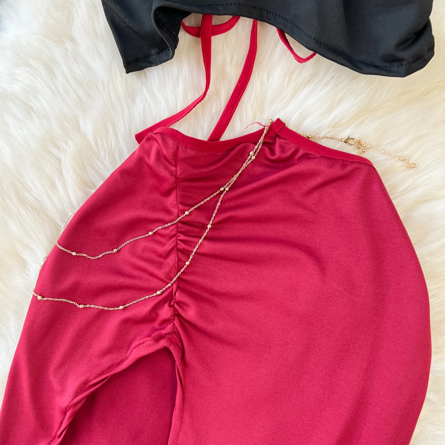 Sexy Halter Crop Top Low Waist Pleated High Slit A-line Skirt Waist Chain Underwear Four Pieces Set Red Rose Hotsweet Nightdress