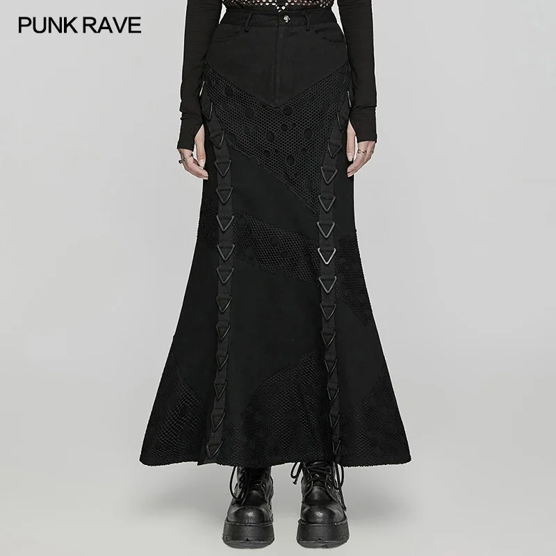 PUNK RAVE Women's Punk Decadent Coarse Twill Denim Skirt Irregular Perforated Mesh Splicing Black Long Skirts Women Clothing