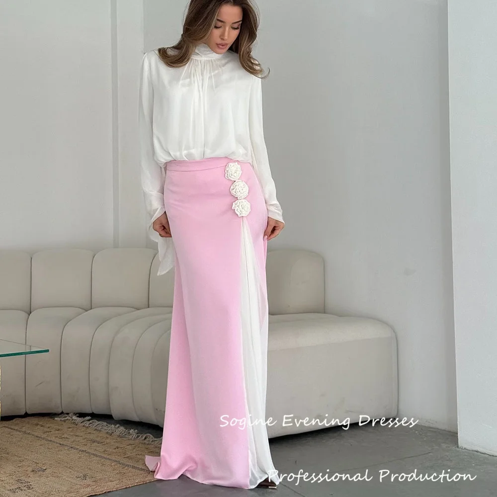 

High Neck Chiffon Evening Dresses With 3d Flowers Customized Women Party Dress Full Sleeve Elegant Платье Вечернее