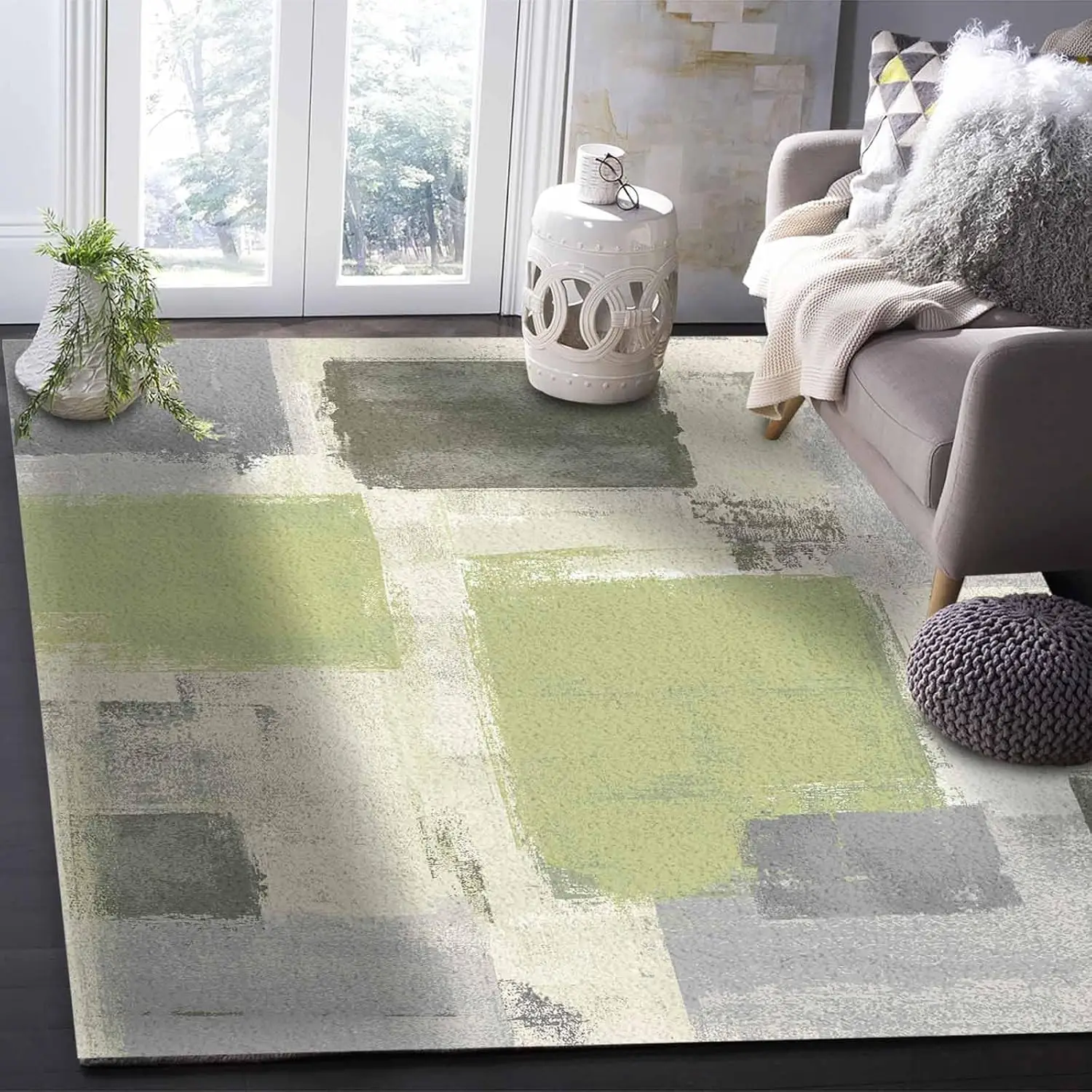 Green Paint Washable Area Rugs Abstract Mottled Classic Art Non Slip Rugs for Living Room Bedroom, Low Pile Floor Mat Large