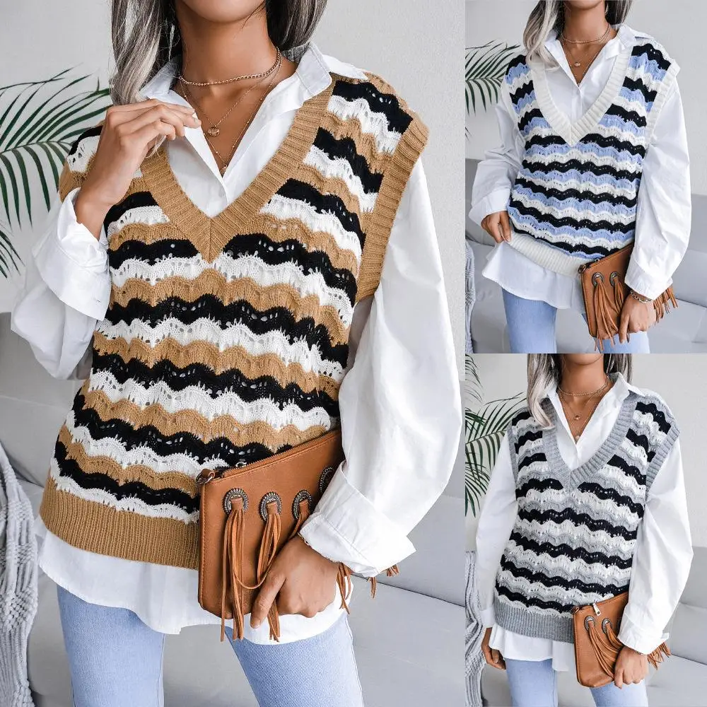 

Autumn Winter V-ne Hollow out Striped Sweater Vest Independent Station Cross-Border Women's Faion No Brand Svel Set