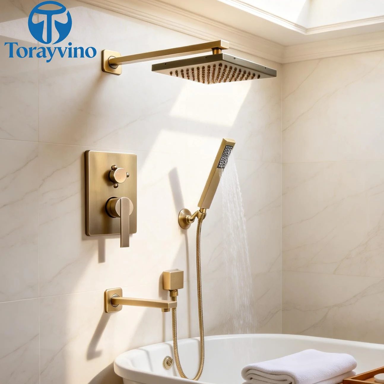 Torayvino Antique Brass Bathroom Shower Faucet Wall Mounted Showers System Concealed Embedded Box Chuveiro Rainfall Mixer Tap