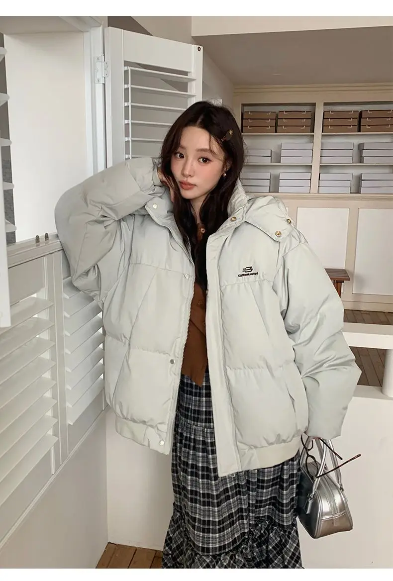 Korean Style Thickened Puffer Jacket for Women Loose Fit Warm Padded Coat Students Winter Solid Color All Match Hooded Parkas