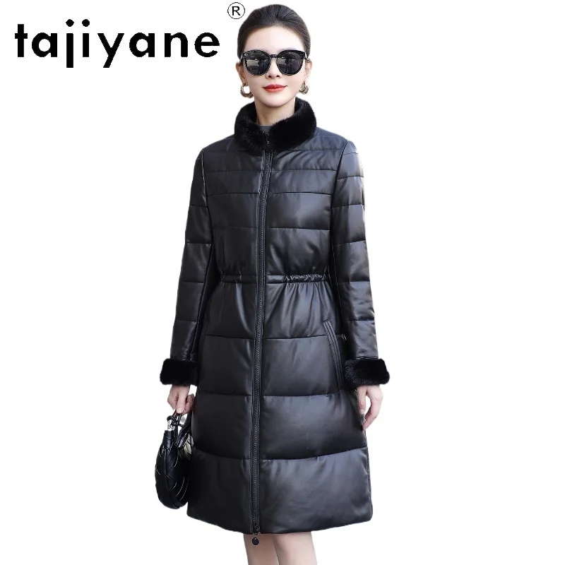 TAJIYANE 100% جلد الغنم بطة أسفل معطف المرأة فرو المنك طوق سترة منفوخة سليم سترات من الجلد الحقيقي الشتاء ملابس امرأة 2025