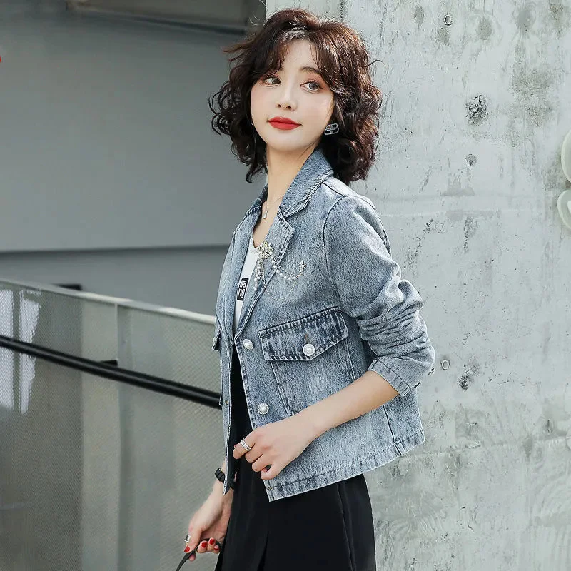 جديد 2025 معطف الدنيم سترة نسائية ربيع الخريف النسخة الكورية موضة قصيرة نمط كاوبوي البدلة جاكيتات علوية Mujer الأنثوية