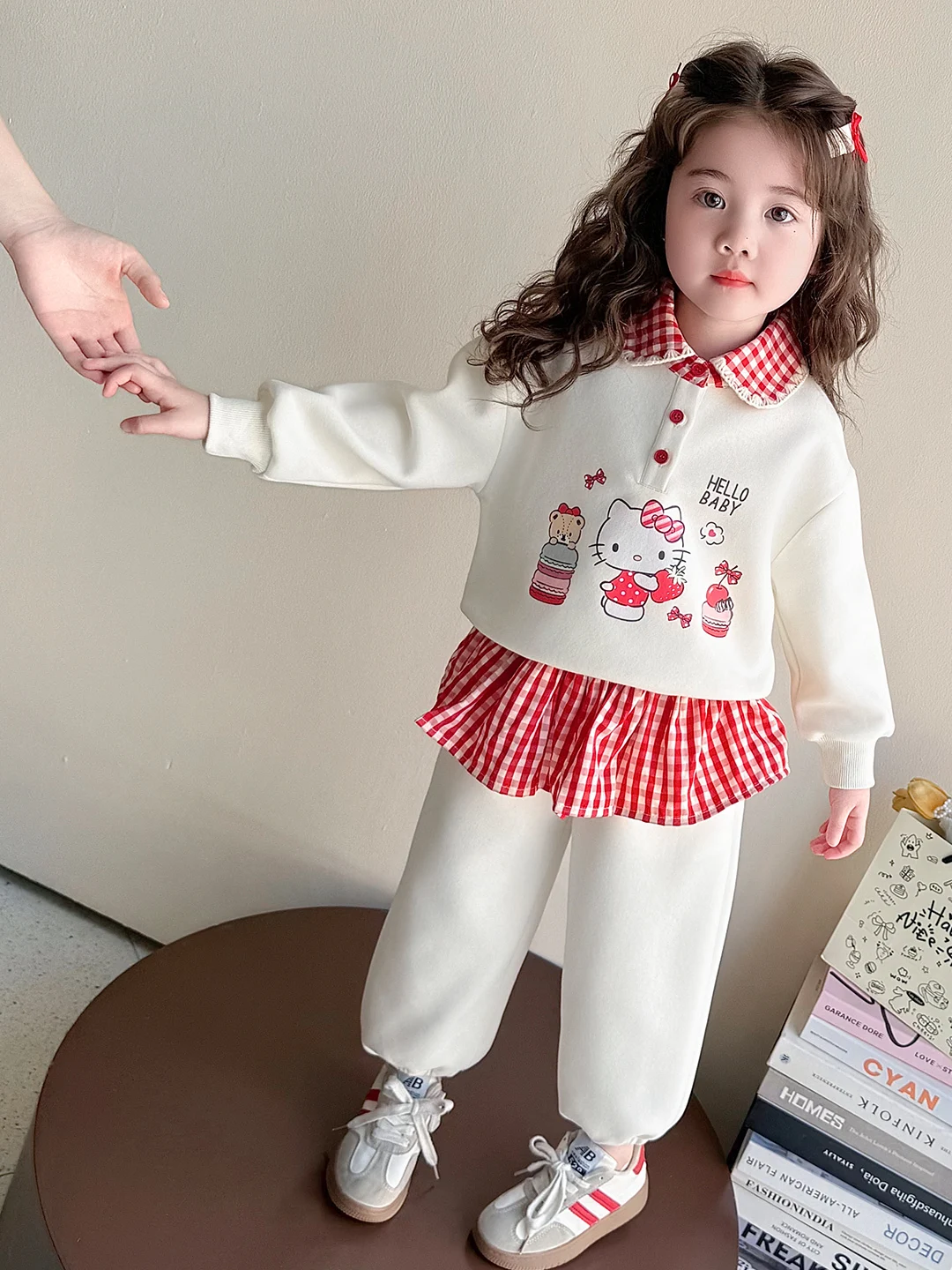 

Spring Casual Cartoon Sweatirt And Plaid Skirt Two-Piece Set for Girls Kids Faion Outfit Red Cheered Skirt Pants