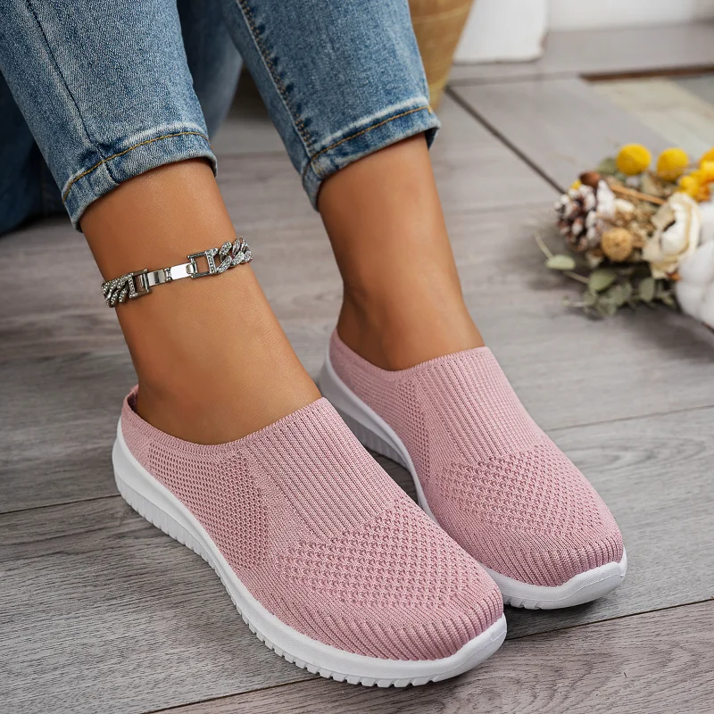 Polyester Backless Slip On Mom Mules Women Breathable Non Slip Soft EVA Insole Low Heel Daily Walking Casual Shoes