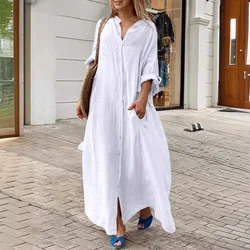 Casual V Neck Long Sleeve Woman Dress Office Lady Spring Summer Fashion Loose Solid Dresses For Women 2024 Female Robe White