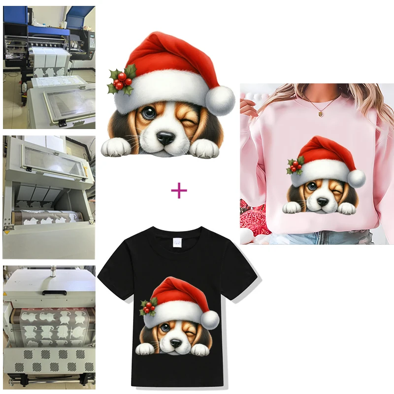 Kids Hide-and-seek Dog Christmas Iron On Heat Transfer Sticker For Clothes Pinted Vinyl Thermal Appliques Washable T-Shirt Decal