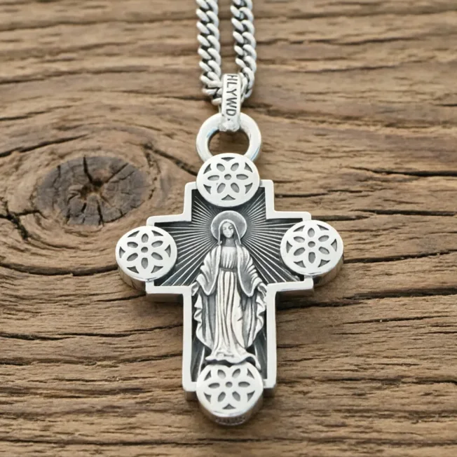 Cool European and American jewelry, pure silver cherry blossom necklace, men and women's retro cross pendant, couple trend hip-h