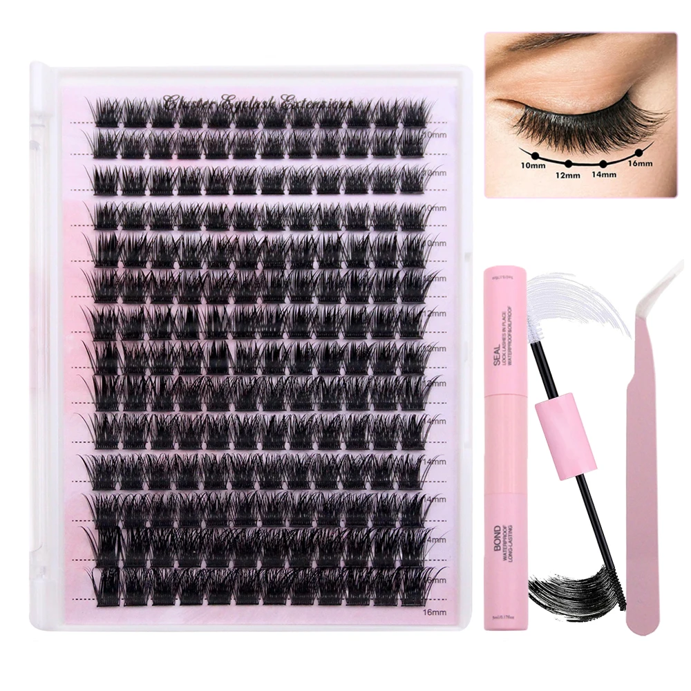 168PCS DIY Cluster Lashes Kit D Curl Individual Eyelash Extension with Bond&Seal Tweezers, 10-16mm Mix Length Travel Home Set