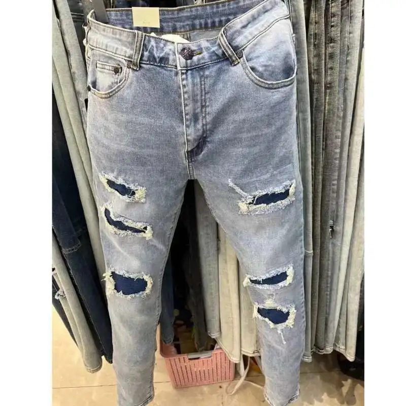 

Ripped Wash Stacked Jeans Motorcycle Pant Hole Straight Leg Pant Retro Blue Skinny Denim Jean Men Fashion Brand Men Jean Stretch