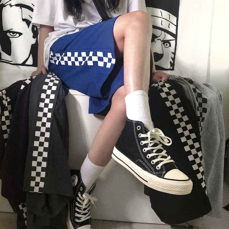 Short surdimensionné Harajuku pour femme, pantalon de cyclisme à carreaux, taille haute, de motard, de Hip Hop, de sport, Harajuku, grandes tailles