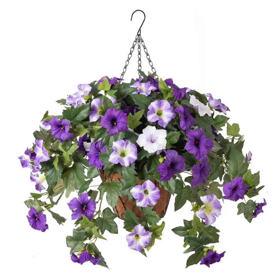 

Hanging Fake Flowers with Basket Plants for Outdoor Decoration, Faux Silk Flower UV Resistant Morning Glory for Home Porch Patio