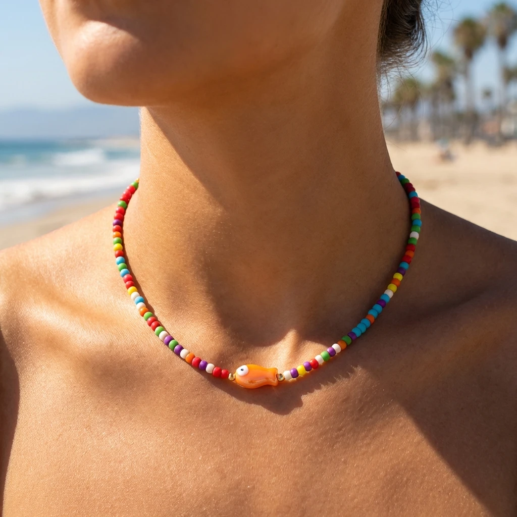 Böhmische bunte Keramik-Fisch-Halskette für Frauen, handgefertigte Reisperlen-Halskette, Sommer, Strand, Urlaub, Party, Schmuck, Geschenk