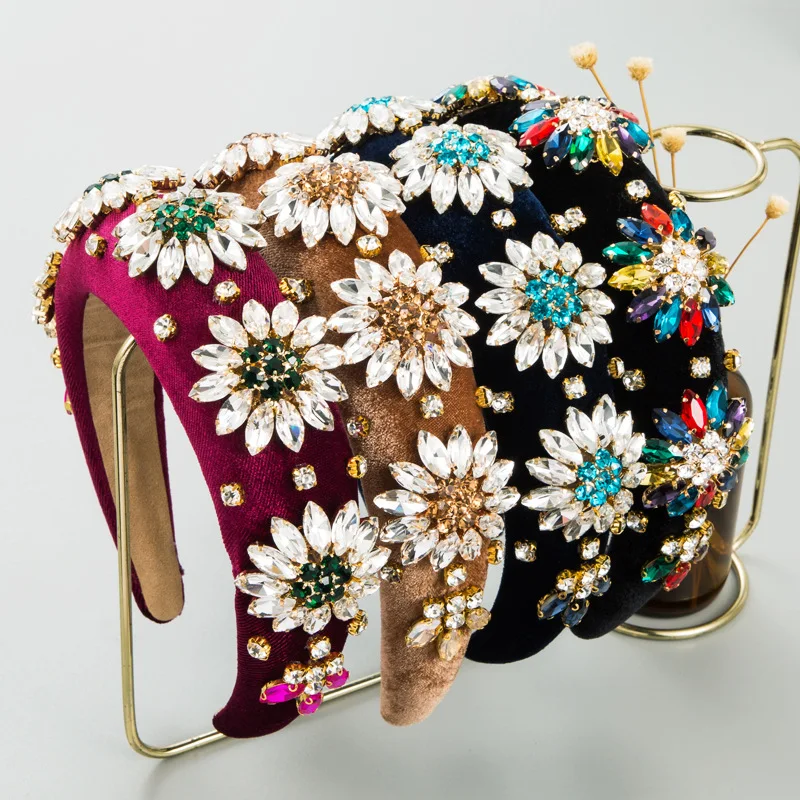 

Новая модная женская повязка на голову Heming в стиле барокко из фланели с инкрустацией разноцветными подсолнухами, аксессуары для волос для женщин, оптом