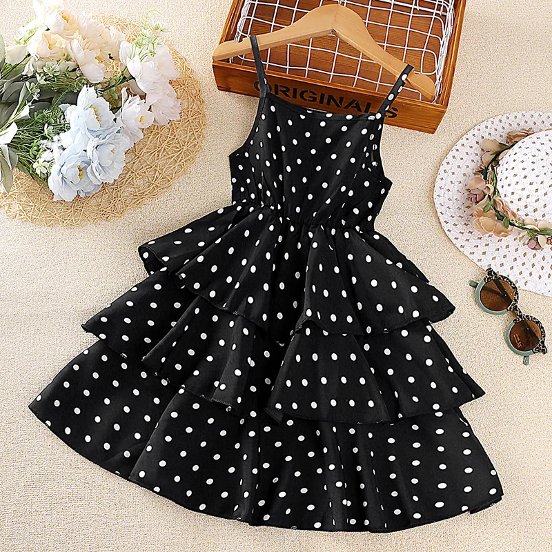 Dress Kids Girls 4-12 Years Black Polka Dot Dress For Girls Stylish Girls Vacation Holiday Clothes Kids Clothes Dress