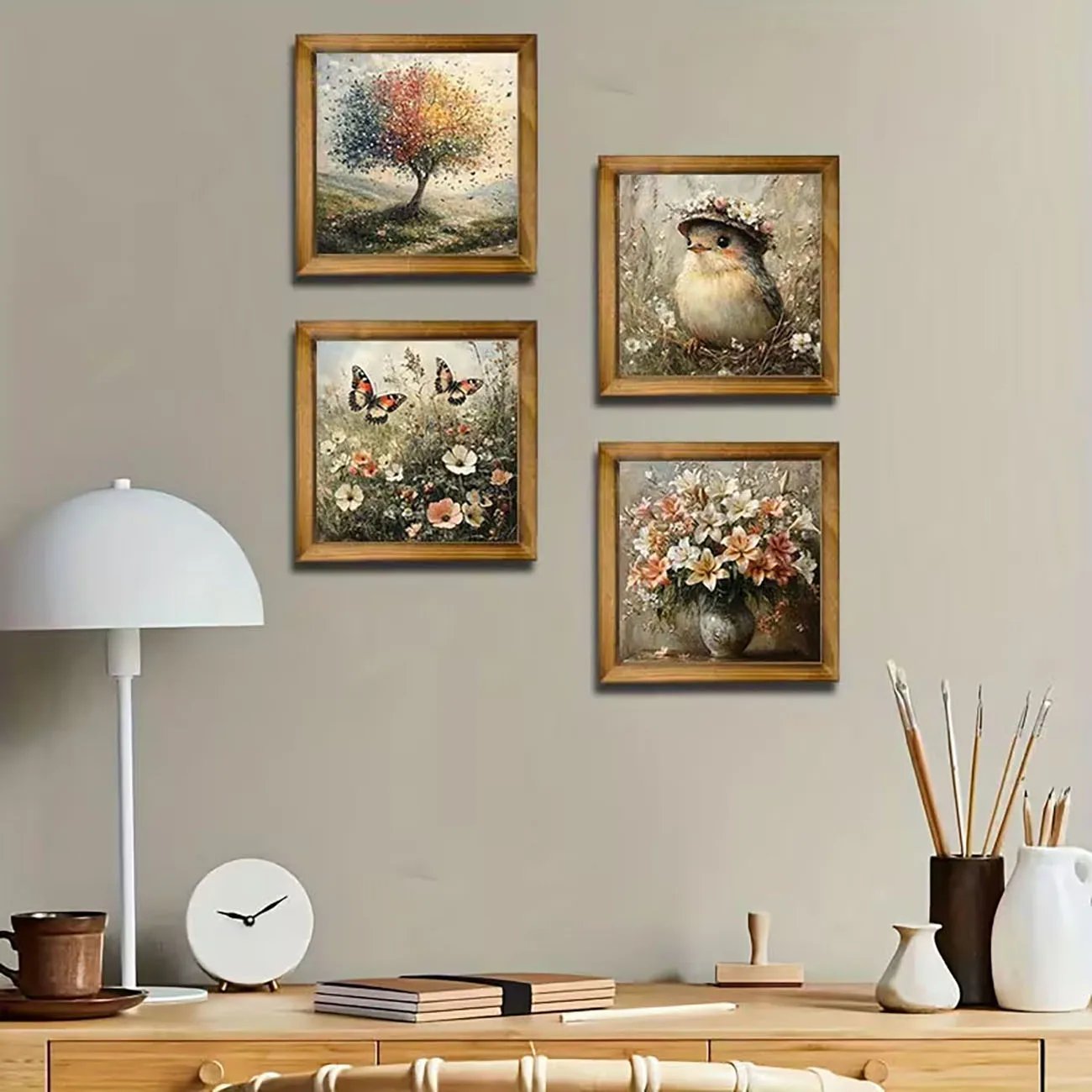 4 Pack Wooden Cute Bird Butterfly Wall Decor Flower Colorful Tree Print Nano Tape Drill Free Vintage Home Wall Ornament