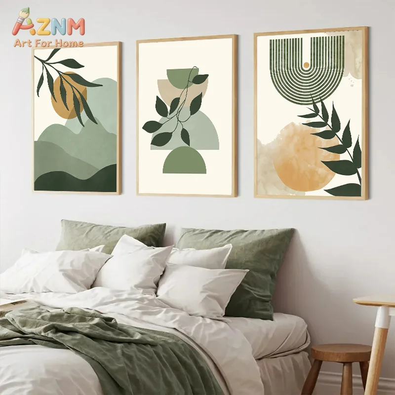 AZNM Sage Green Boho Abstract Leaf Canvas Wall Art Neutral Geometric Mountain Sun Minimalist Bedroom Decor Unframed Canvas Poste