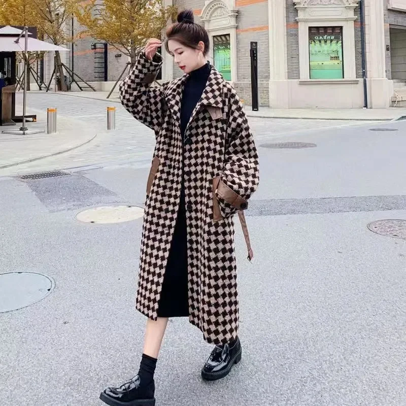 Thousand Bird Plaid Woolen Coat for Women Mid to Long Style 2025 Autumn and Winter New Style Thickened Silhouette Plaid Coat WLF