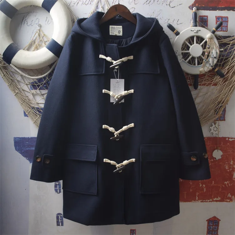 [En Stock] Abrigo de Mujer de Alta Calidad, 100% Algodón, Chaqueta con Bolsillos Grandes, Estilo Informal, Hebilla de Cuerno, Abrigo de Lana