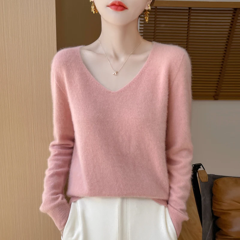 Autumn And Winter New 100% Wool Women\'s V-neck First-Line Ready-To-Wear Knitted Bottoming Sweater Loose Slim Pullover Cashmere