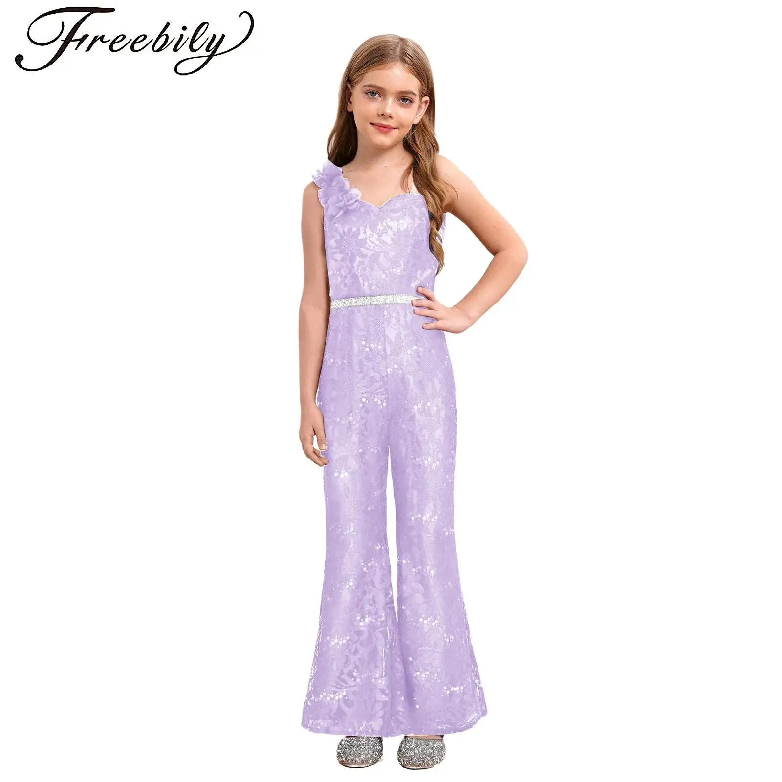 

Girl Chain Belt Banquet Party Gown Flower Sparkly Sequin Embroidery Dress Spaghetti Strap Sleeveless Leotard High Waist Jumpsuit