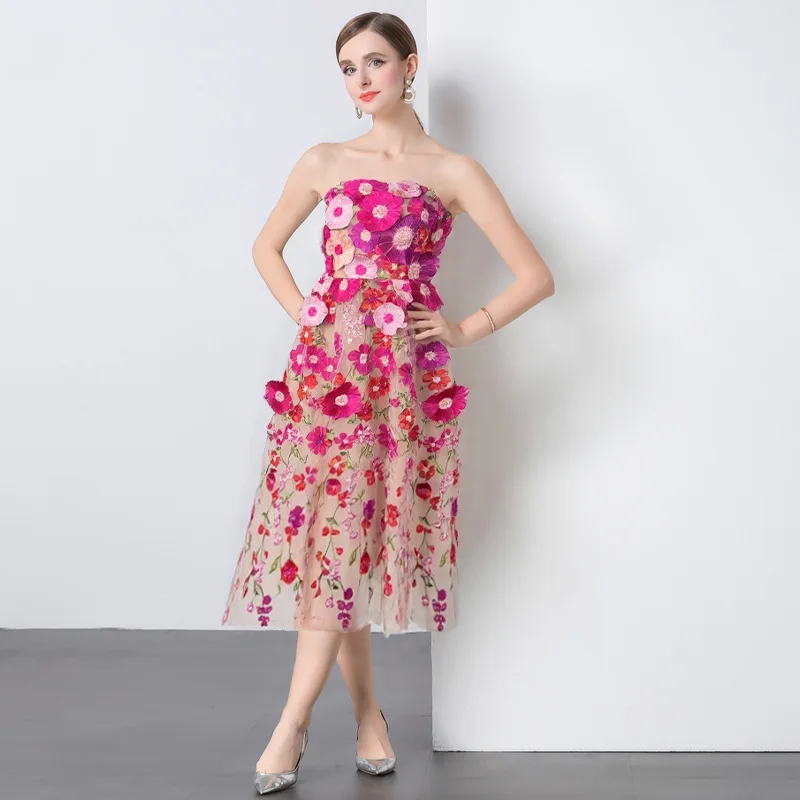 Ele Summer Women's Dr Embroidered 3D Floral Heavy Work Slimming Waistline Strapl Gown Chinese Faion Thiened Me