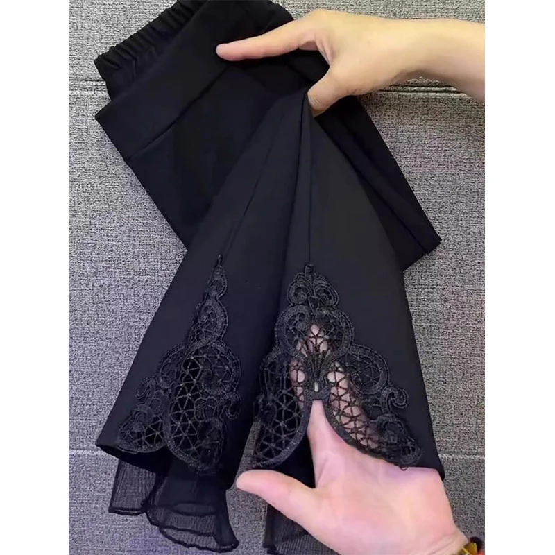 Calça feminina elástica de cintura alta com comprimento reto do tornozelo, fina, retalhos de gaze, senhora do escritório, monocromática, moda coreana, verão