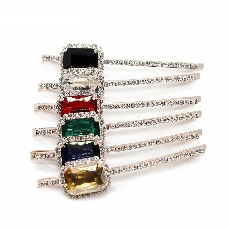 Luksusowe akcesoria elegancka ozdoba do włosów kwadratowy zielony różowy fioletowy kryształ spinka do włosów błyszczący Diamante klips dla kobiet dziewcząt