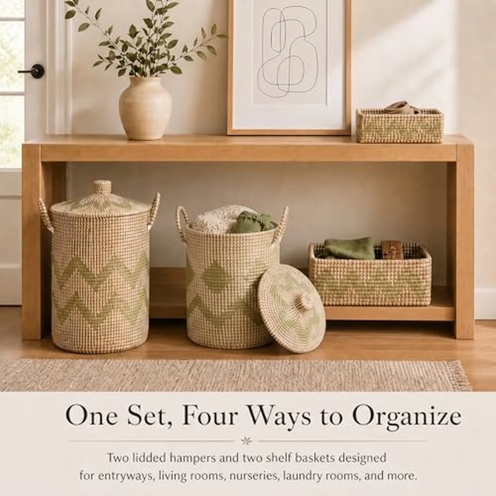 Sea Grass Storage Basket Set of 4 Handwoven Wicker Storage Organizer Includes 2 Laundry Hampers with Lids 2 Bins for