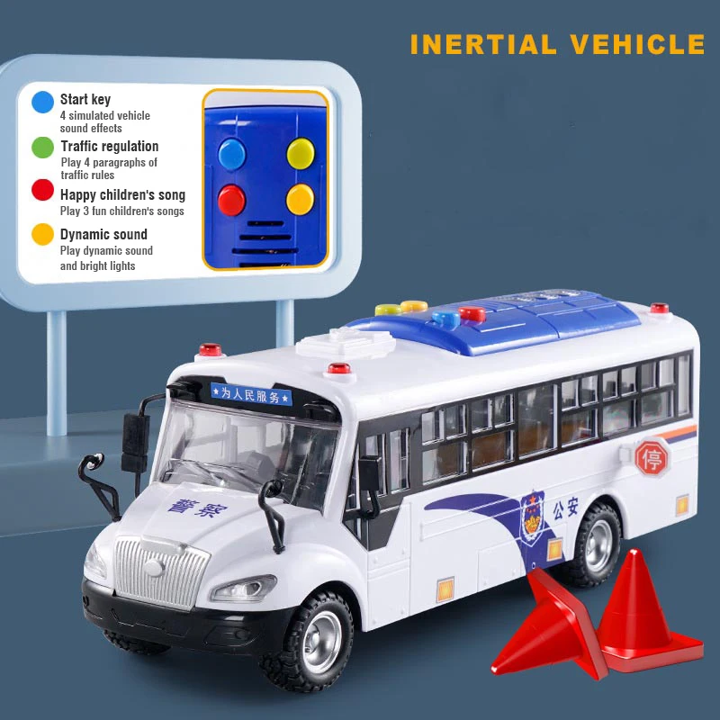 Simulation Police Car Model Pull-back Vehicle Police Bus with Lights Music Large City Bus Inertial Cars Toys for Kids Boys Gift